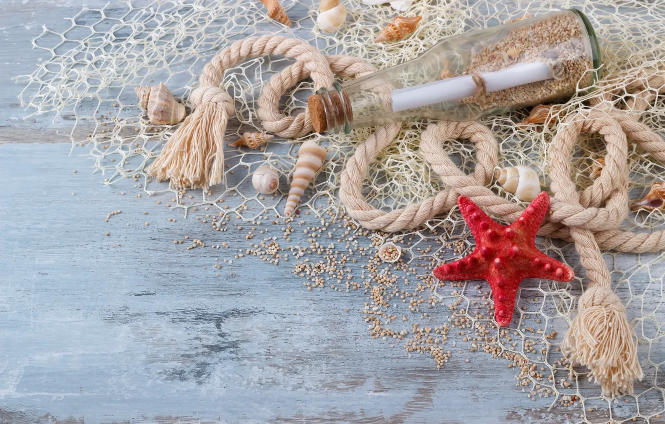 Фото обои песок, письмо, бутылка, ракушки, wood, sand, marine, still life