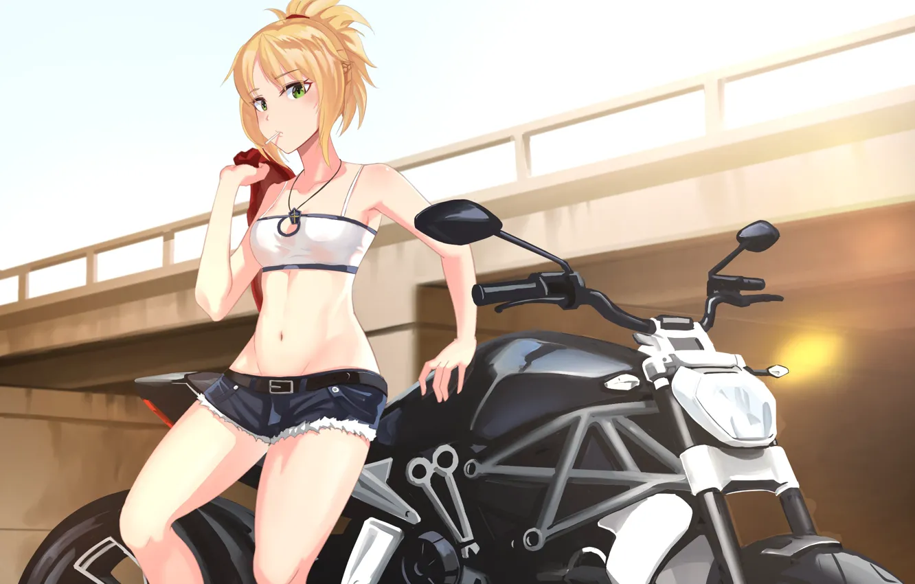Фото обои взгляд, девушка, мотоцикл, mordred, fate/grand order