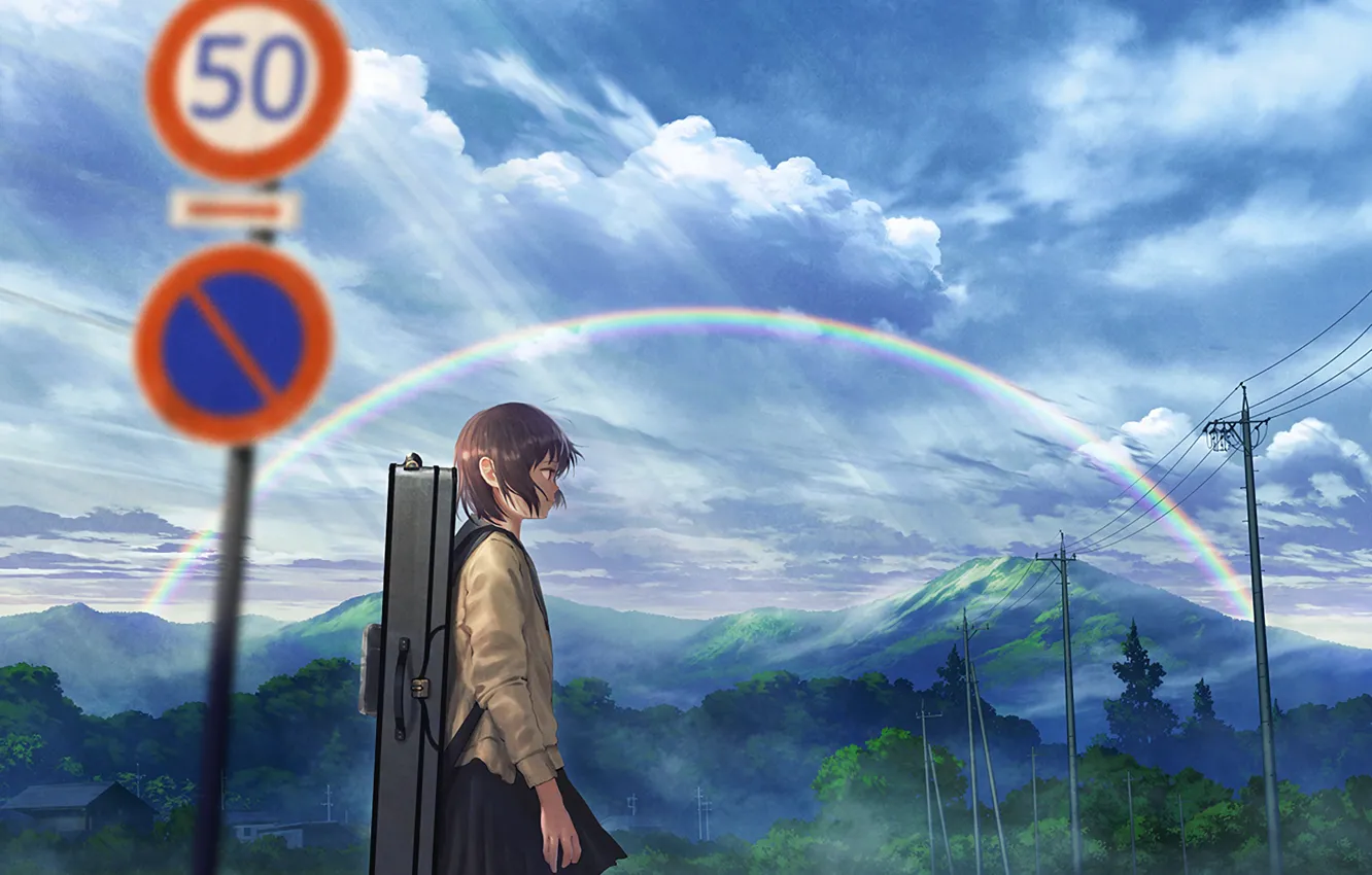 Фото обои холмы, радуга, Япония, деревня, ЛЭП, школьница, дорожный знак, футляр