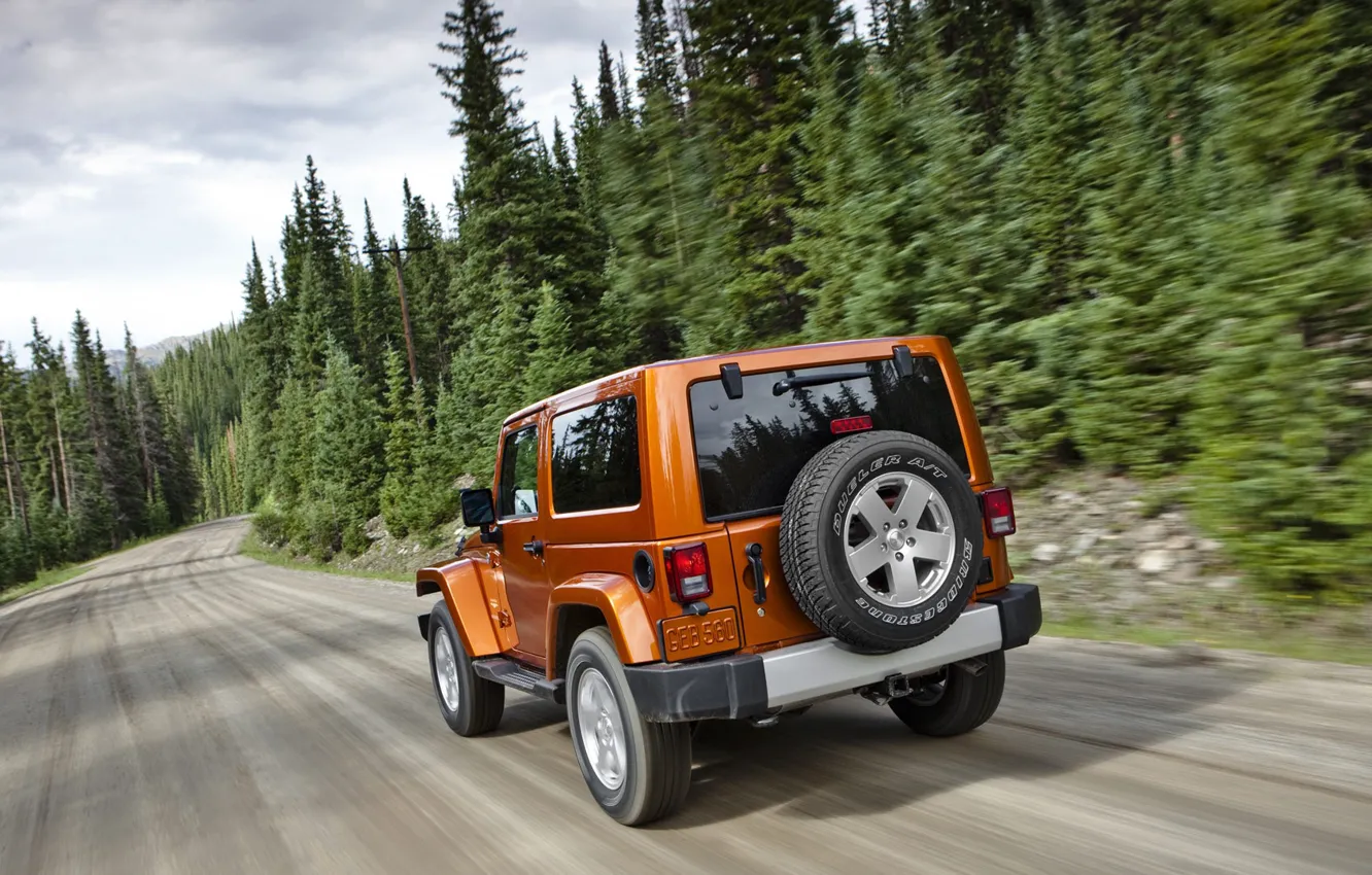 Фото обои дорога, лес, Wrangler, Jeep