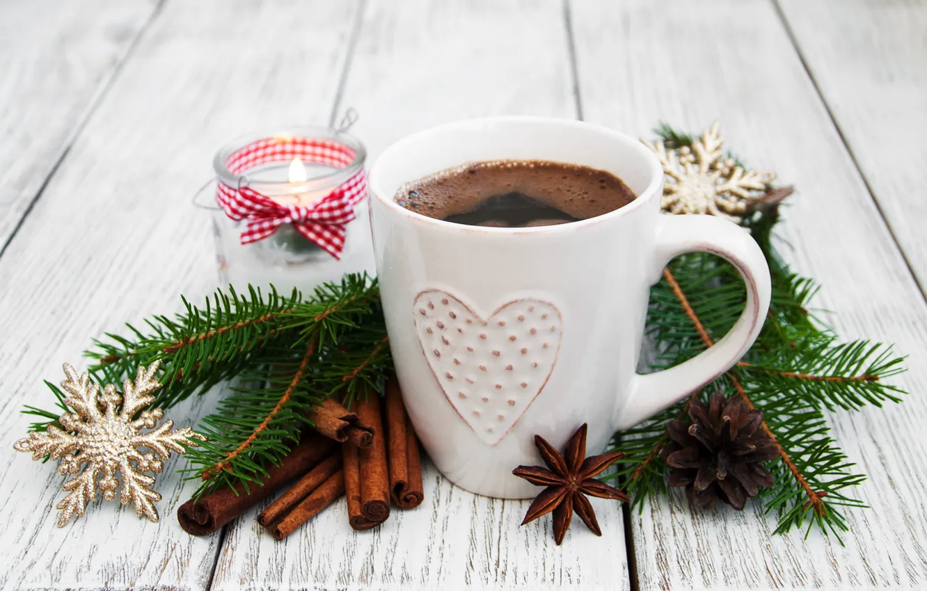 Фото обои украшения, елка, кофе, Новый Год, Рождество, чашка, корица, Christmas
