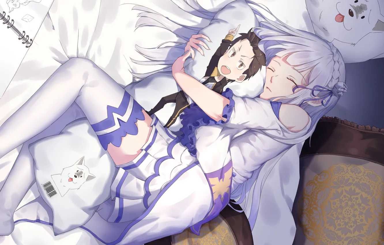 Фото обои девушка, арт, спит, подушка, Субару, Эмилия, Re: Zero kara Hajimeru Isekai Seikatsu