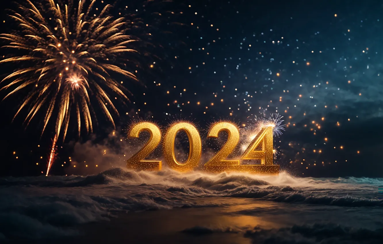 Фото обои салют, цифры, Новый год, golden, numbers, New year, 2024, fieworks