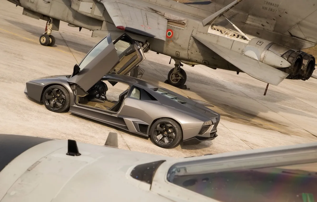 Фото обои Lamborghini, истребитель, reventon, открытые двери, Ламборгини, ламбо двери, Ревентон