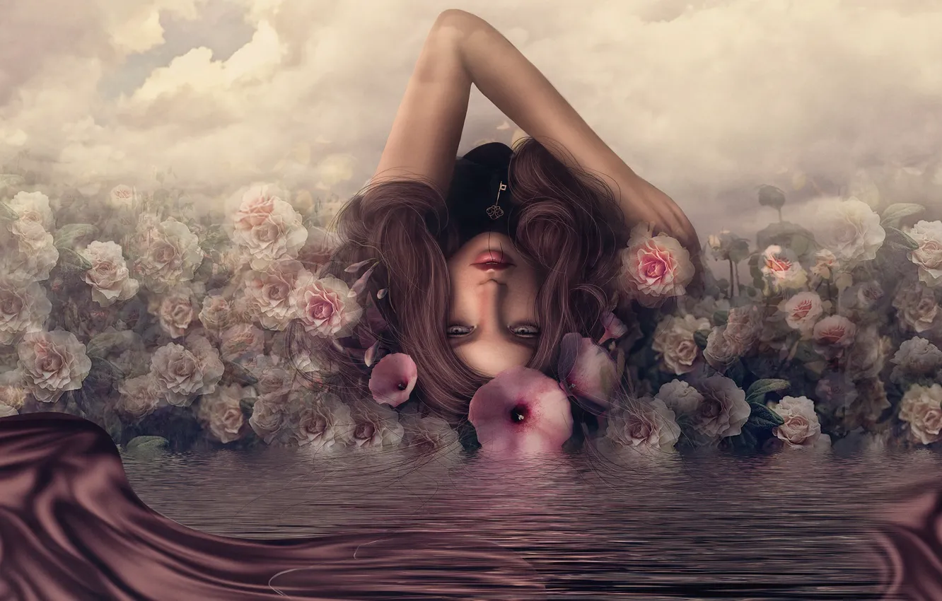 Фото обои вода, девушка, отражение, розы, ключ
