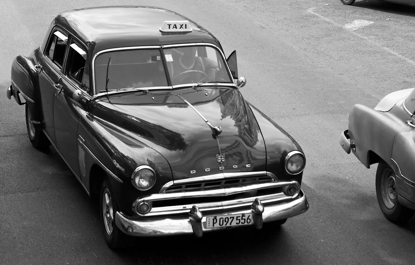 Фото обои ретро, черно-белое, Dodge, такси, винтаж, Гавана, 1960-е
