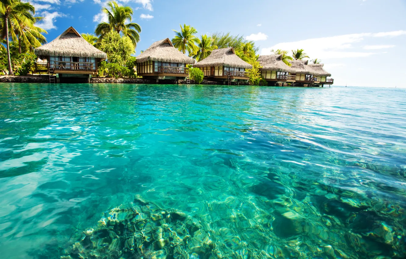 Фото обои тропики, океан, курорт, лагуна, бунгало, polynesia, bora-bora