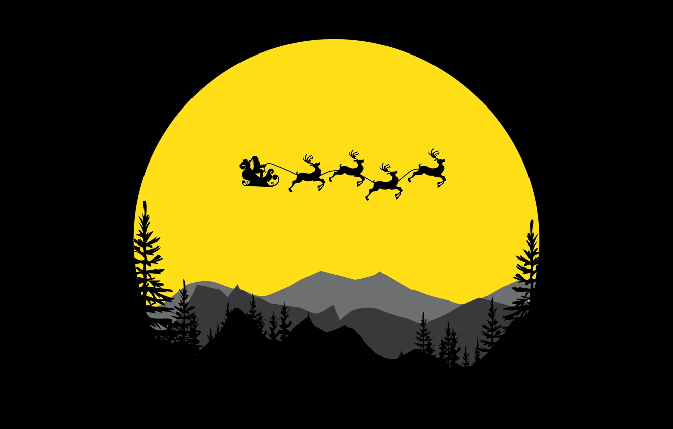 Фото обои trees, minimalism, mountains, digital art, artwork, Santa Claus, deer, silhouette