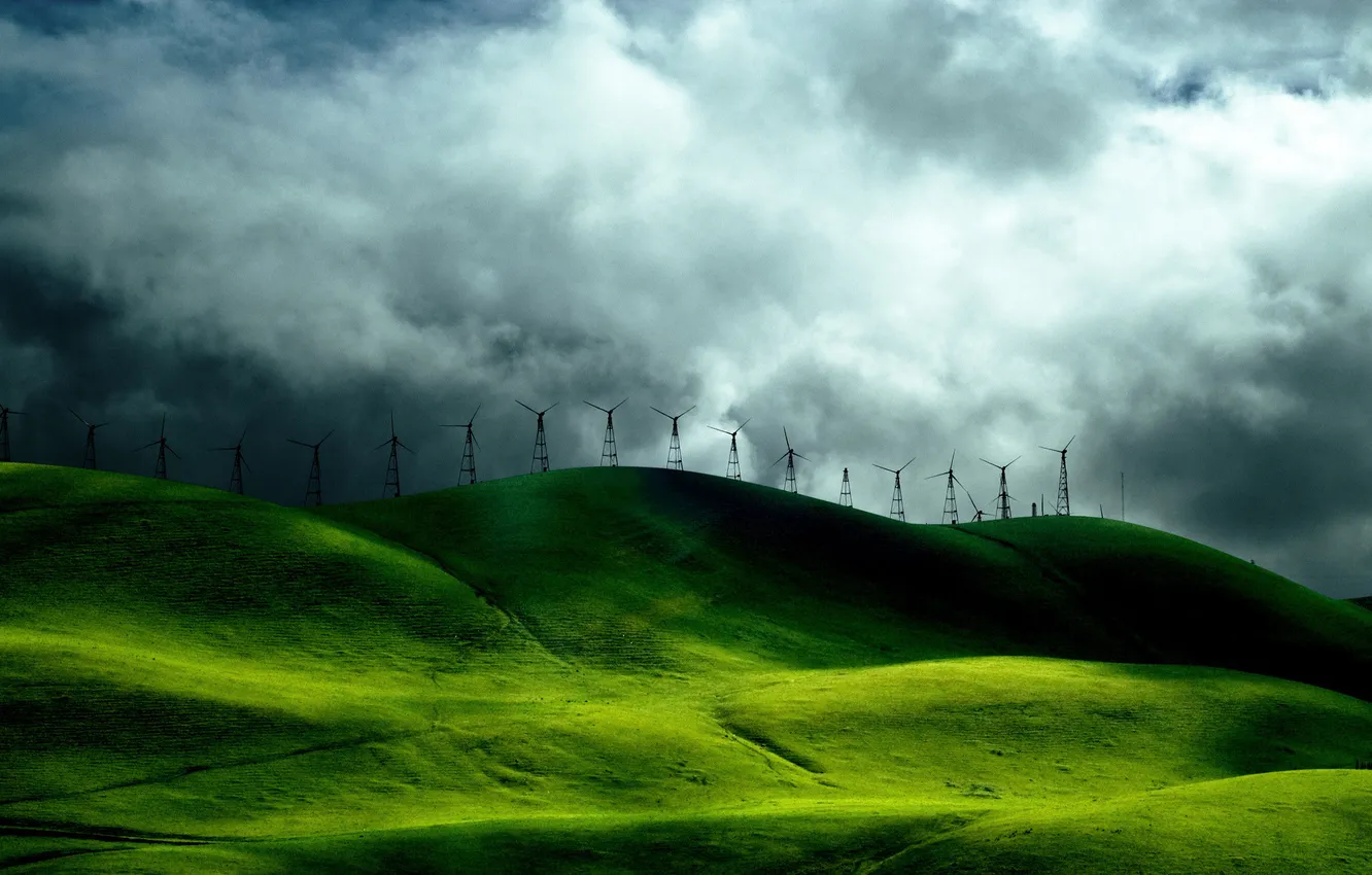 Фото обои трава, пейзаж, фото, обои, мельница