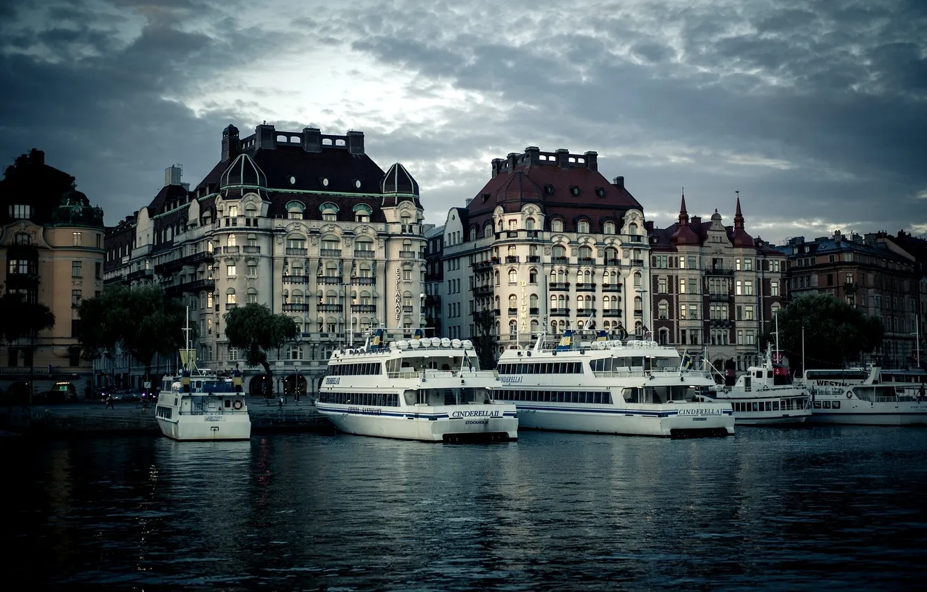 Фото обои город, река, здания, дома, вечер, Стокгольм, Швеция, набережная