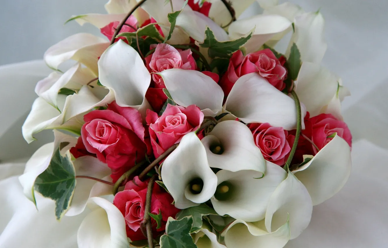 Фото обои цветы, розы, букет, композиция, каллы