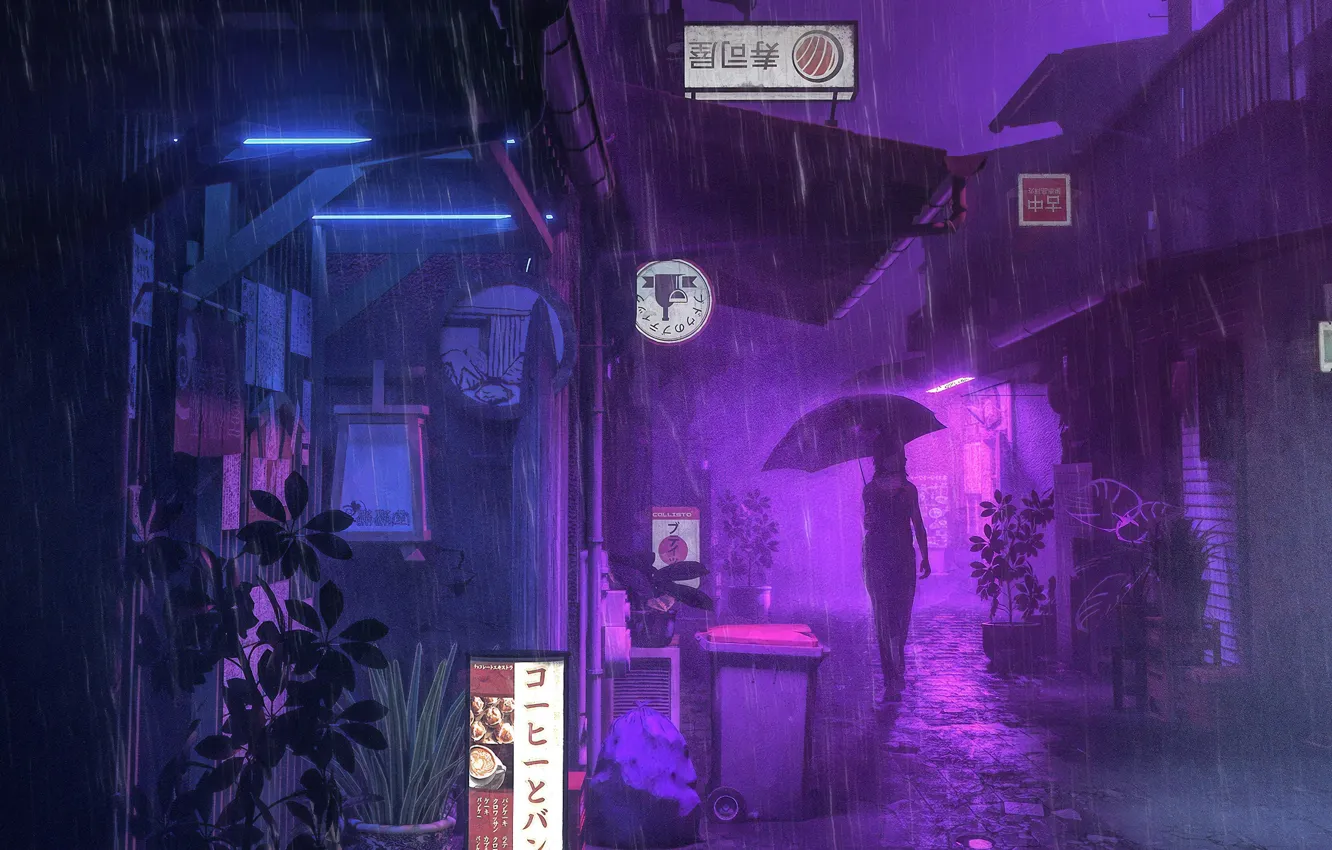 Фото обои девушка, ночь, дождь, улица, зонт, реклама, силуэт, вывески