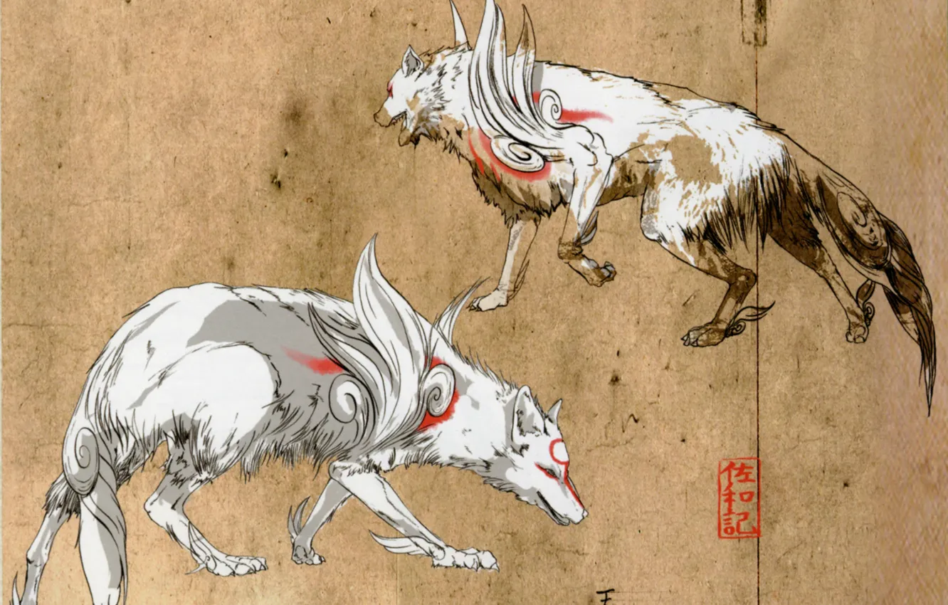 Фото обои рисунок, волк, серый фон, божество, Okami, Amaterasu