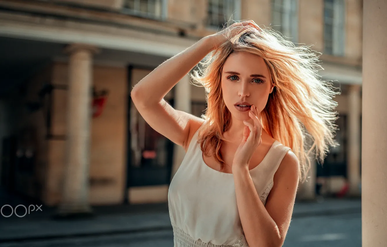 Фото обои girl, photo, photographer, blue eyes, model, bokeh, Angel, blonde