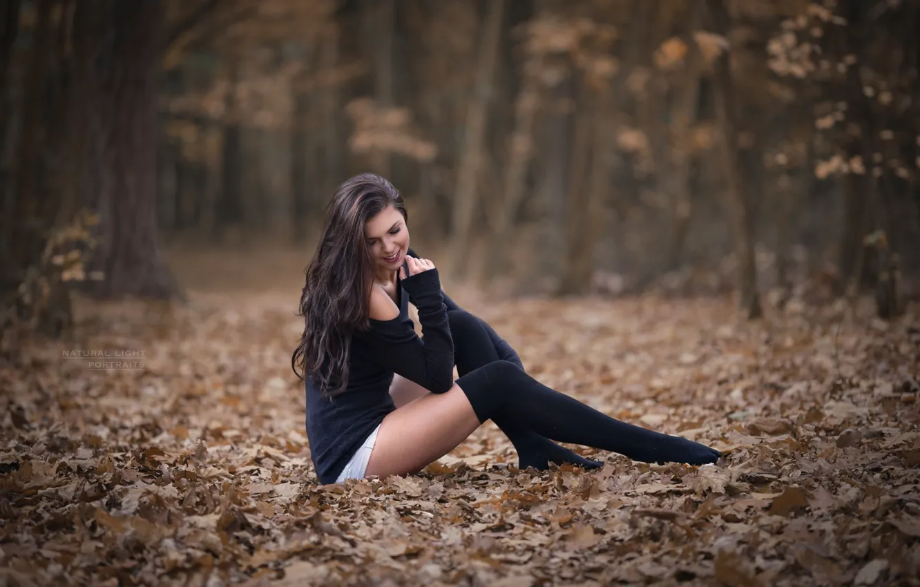 Фото обои осень, лес, девушка, улыбка, листва, чулки
