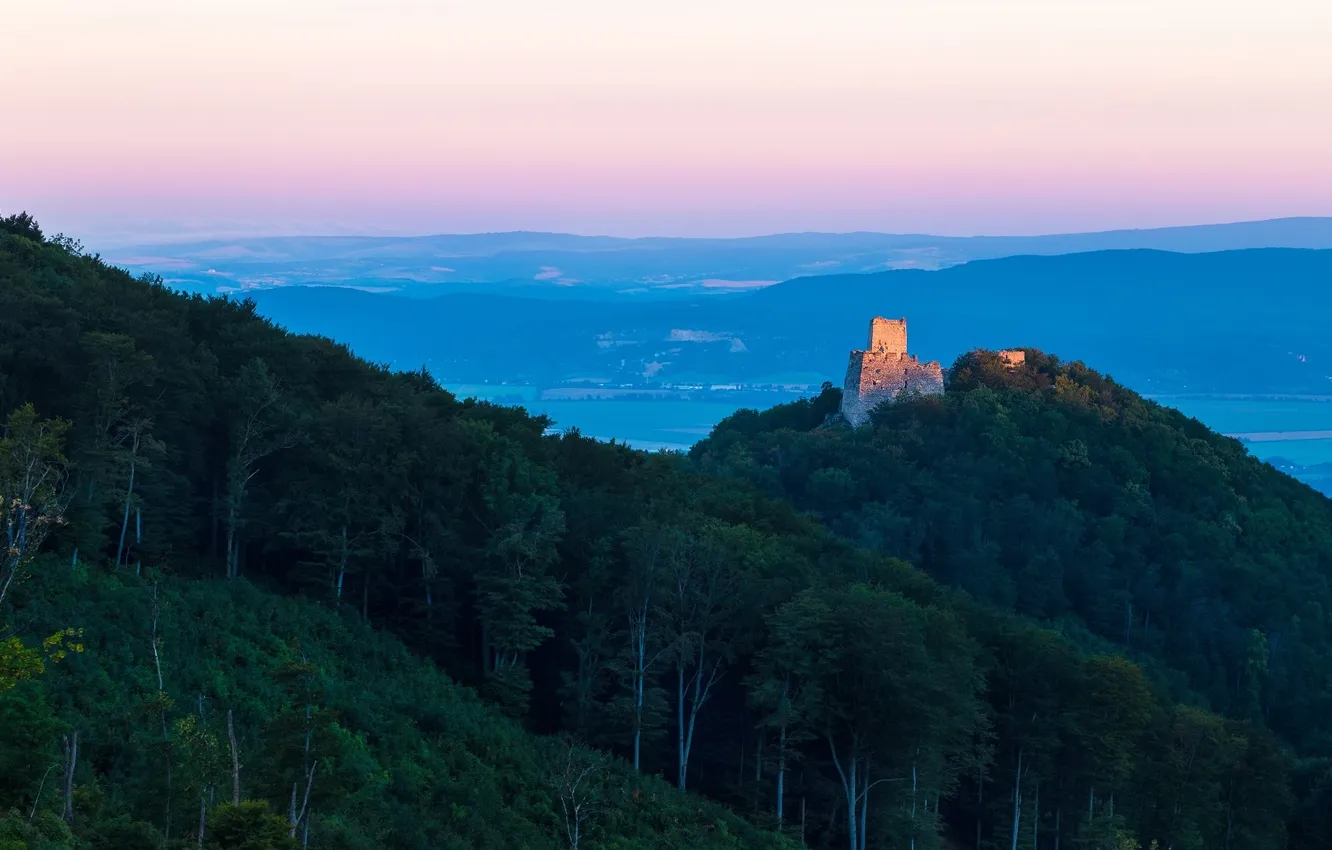 Фото обои forest, trees, landscape, nature, hills, sunrise, ruins, castle