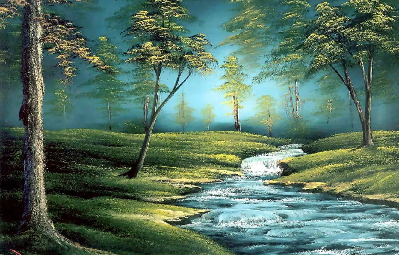 Фото обои лес, трава, вода, деревья, пейзаж, ручей, картина, живопись