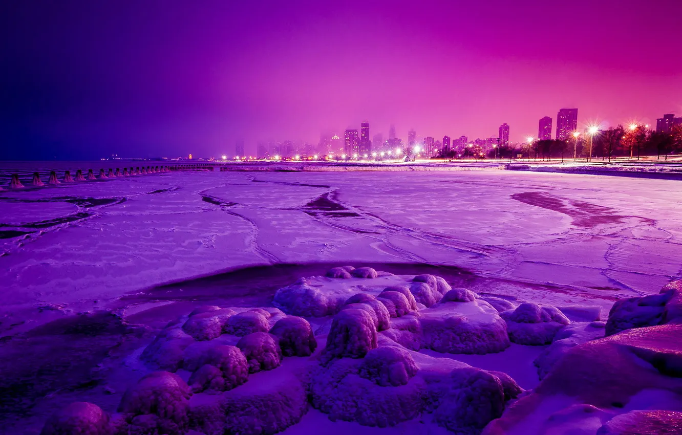 Фото обои зима, снег, ночь, город, огни, небоскребы, Чикаго, Иллинойс