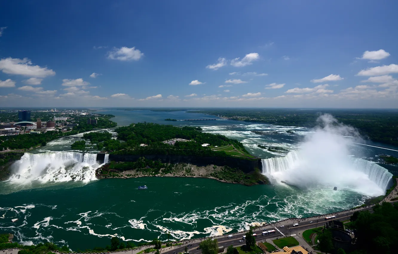 Фото обои небо, вода, облака, брызги, город, Канада, Ниагарский водопад, набережная