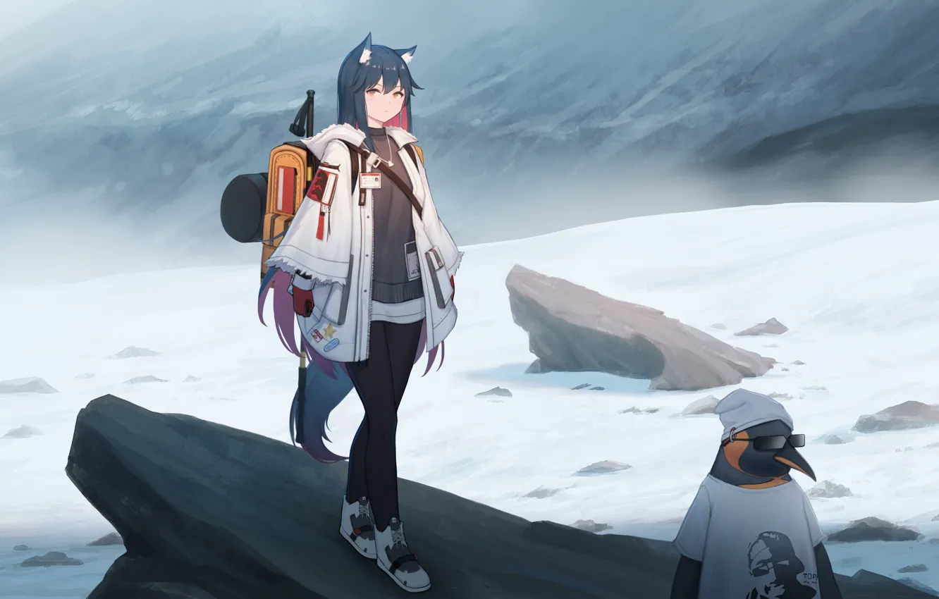 Фото обои девушка, снег, горы, пингвин, неко