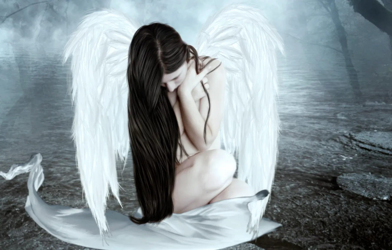 Фото обои грусть, девушка, деревья, фантастика, волосы, крылья, ангел, сидит