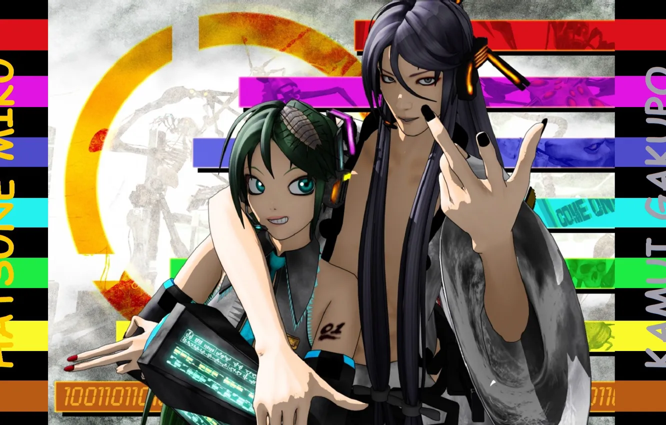 Фото обои пара, vocaloid, Hatsune Miku, жест, обнимает, вокалоиды, Gakupo Kamui, полосатый фон