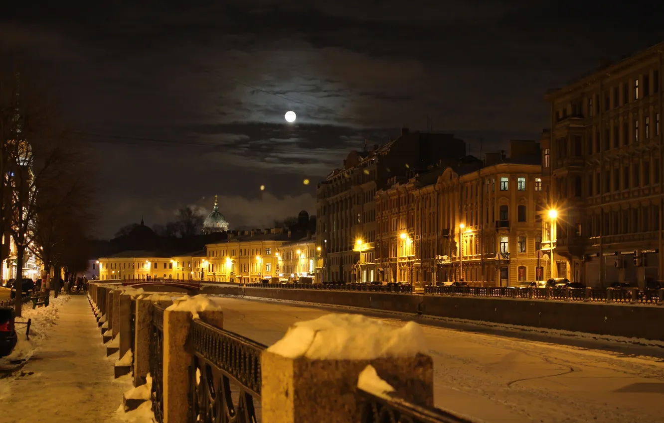 Фото обои зима, небо, облака, снег, ночь, city, город, lights