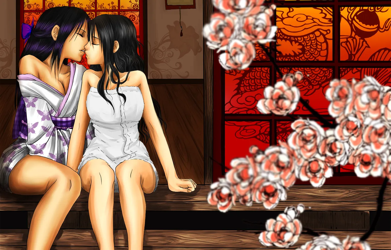 Фото обои цветы, девушки, поцелуй, ветвь, art, drathe