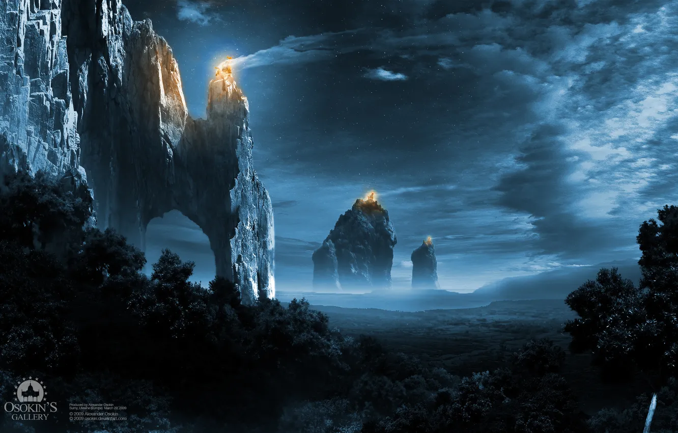 Фото обои лес, ночь, огни, скалы, Lights of Empire