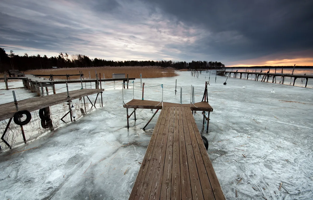 Фото обои пейзаж, закат, мост, озеро, лёд