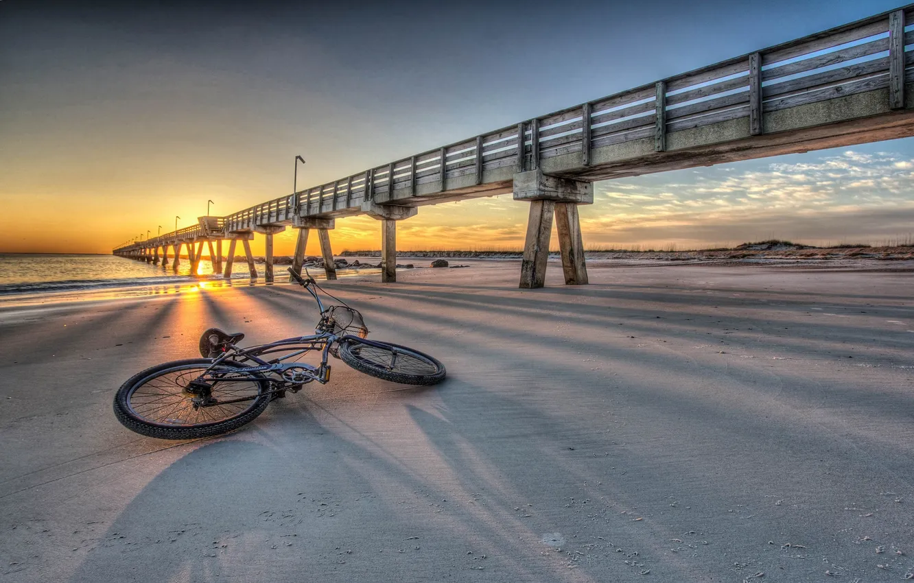 Фото обои закат, мост, велосипед