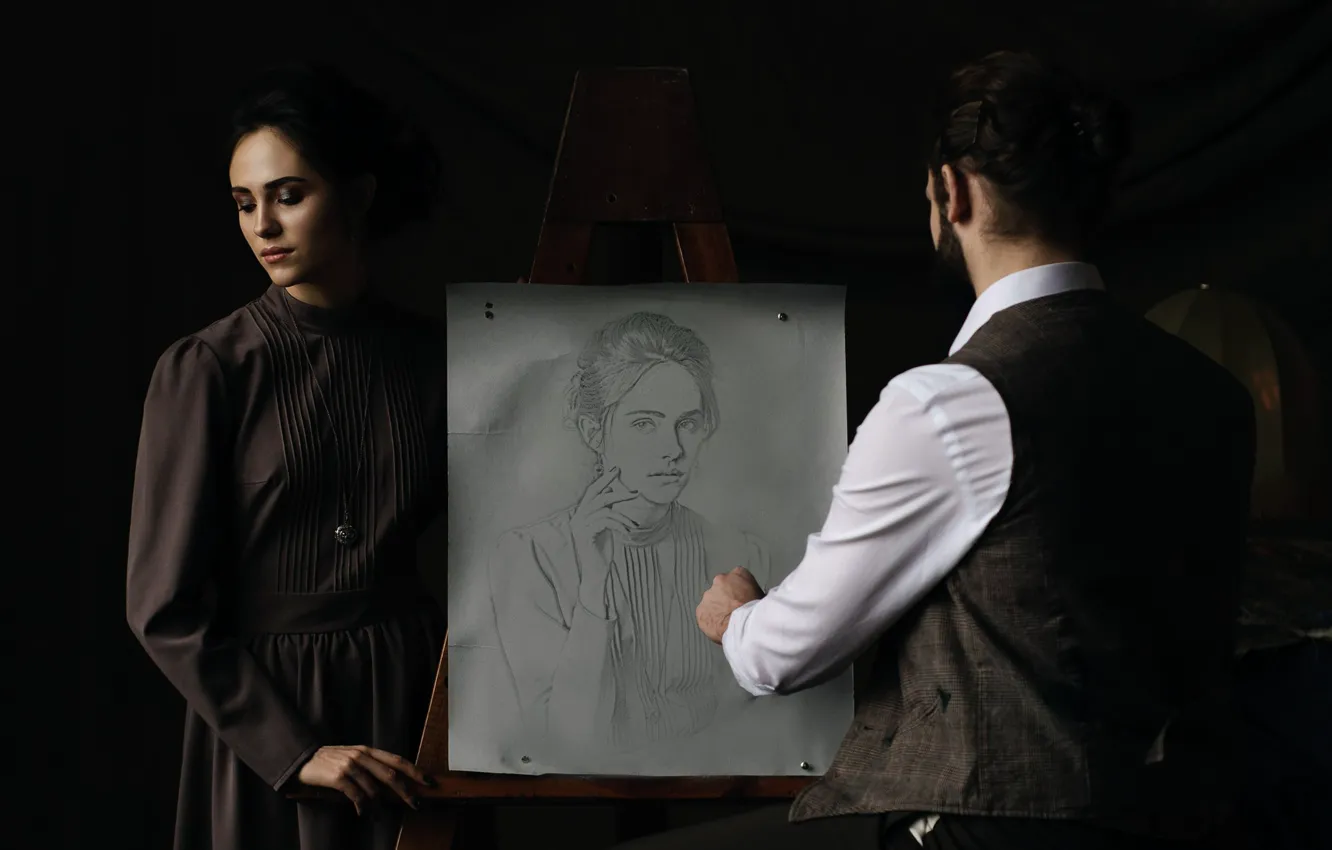 Фото обои девушка, рисунок, портрет, художник, карандаш, творчество