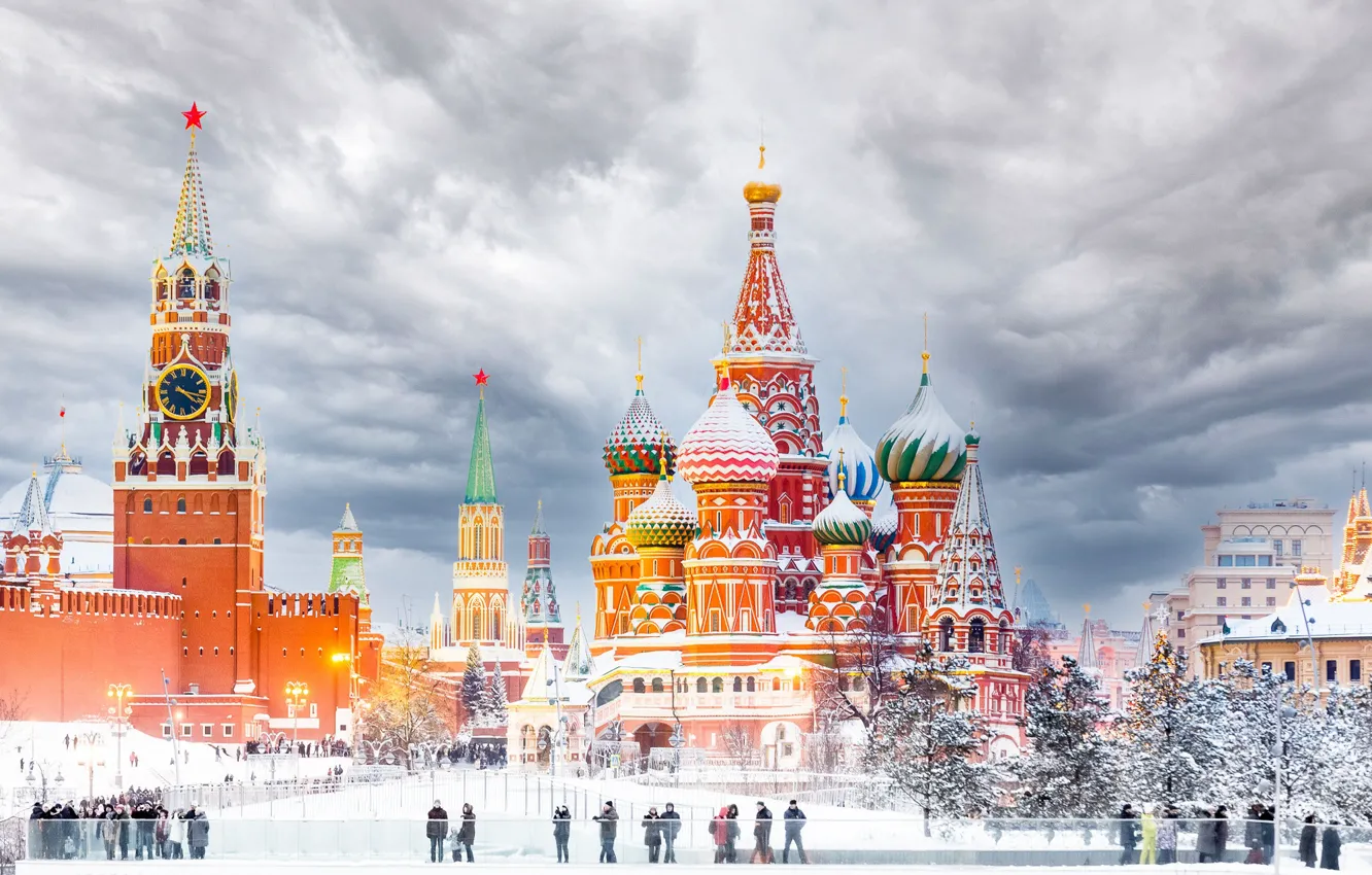 Фото обои зима, площадь, Москва, башни, храм, Храм Василия Блаженного, Россия, Красная площадь
