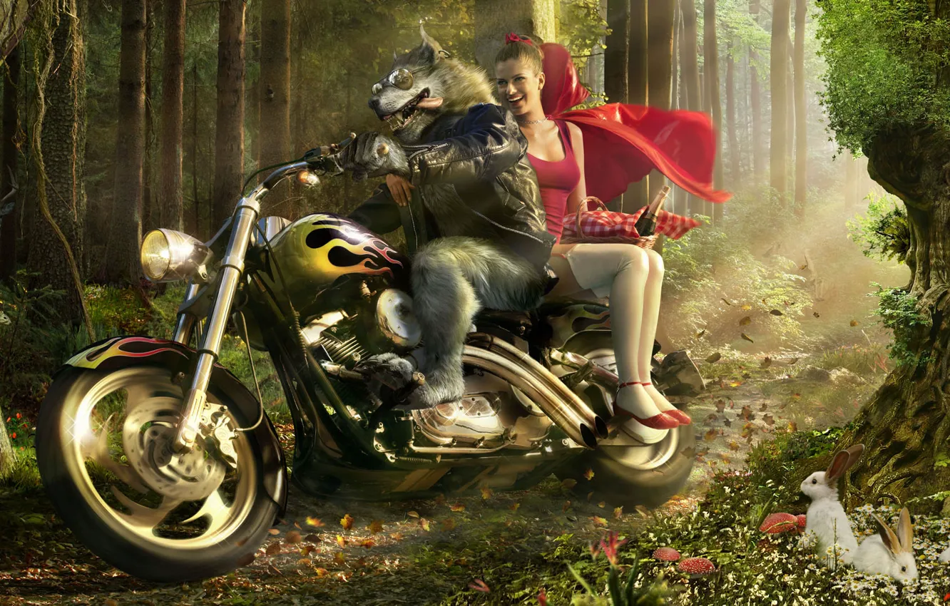 Фото обои волк, красная шапочка, мотоцикл