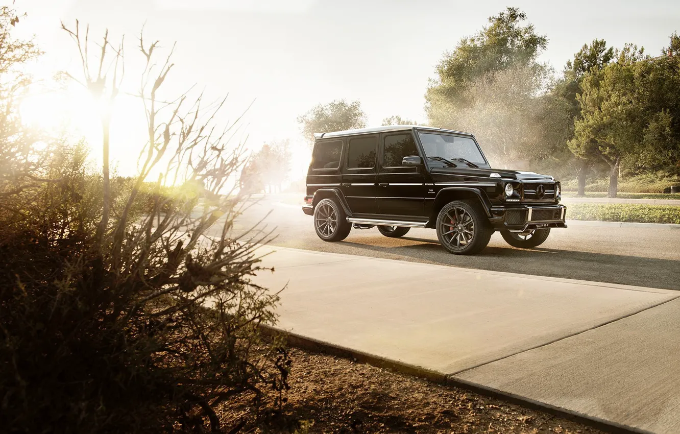 Фото обои Mercedes-Benz, Front, AMG, Black, Sun, Road, G63, Geländewagen