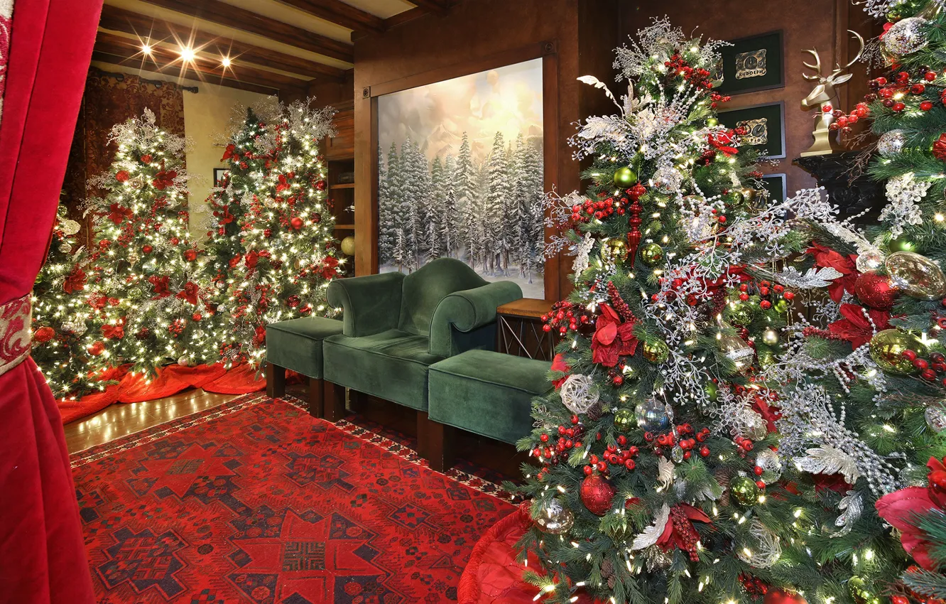 Фото обои украшения, комната, елка, Рождество, картины, гирлянда, New Year