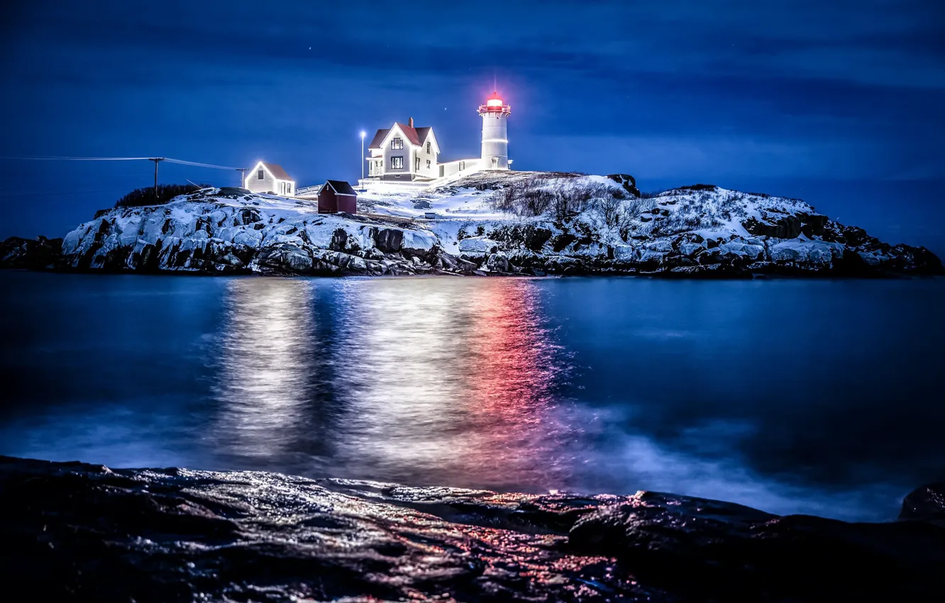 Фото обои море, ночь, природа, Nubble Lighthouse