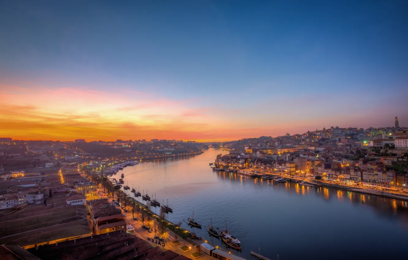 Фото обои мост, город, огни, река, рассвет, Portugal, Porto