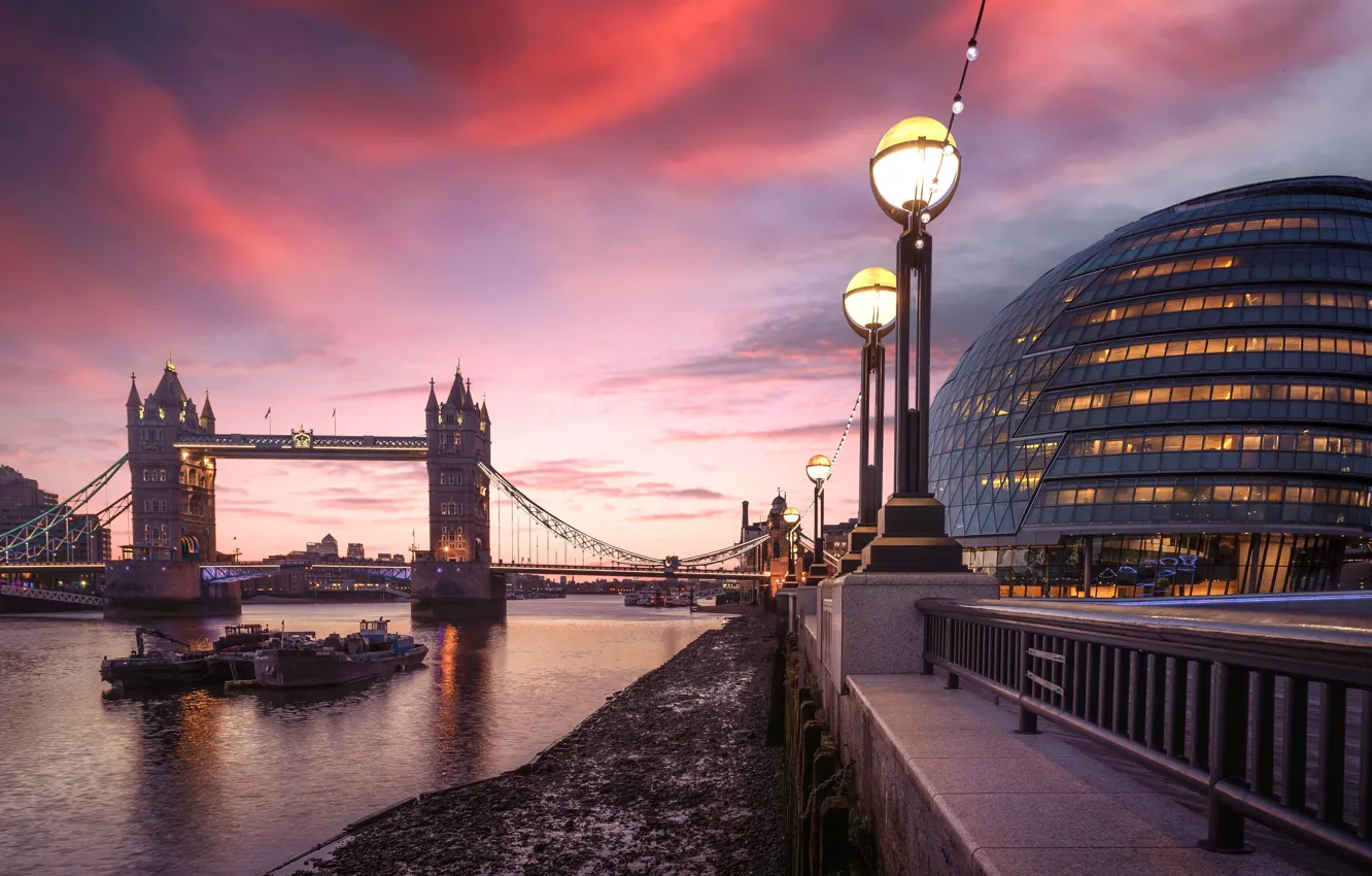 Фото обои закат, город, река, Англия, Лондон, здания, освещение, фонари
