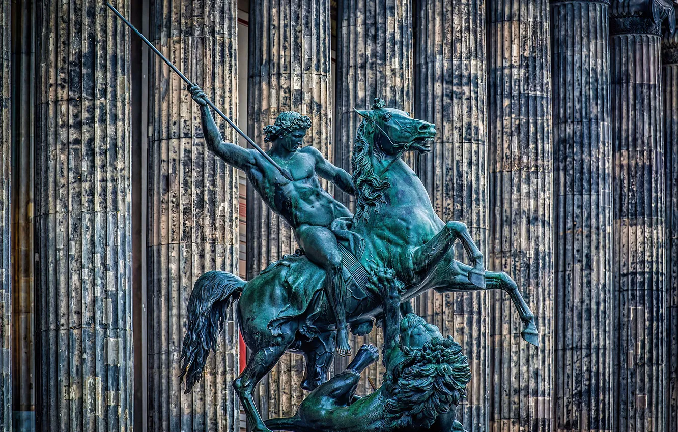 Фото обои оружие, лошадь, человек, лев, скульптура, архитектура