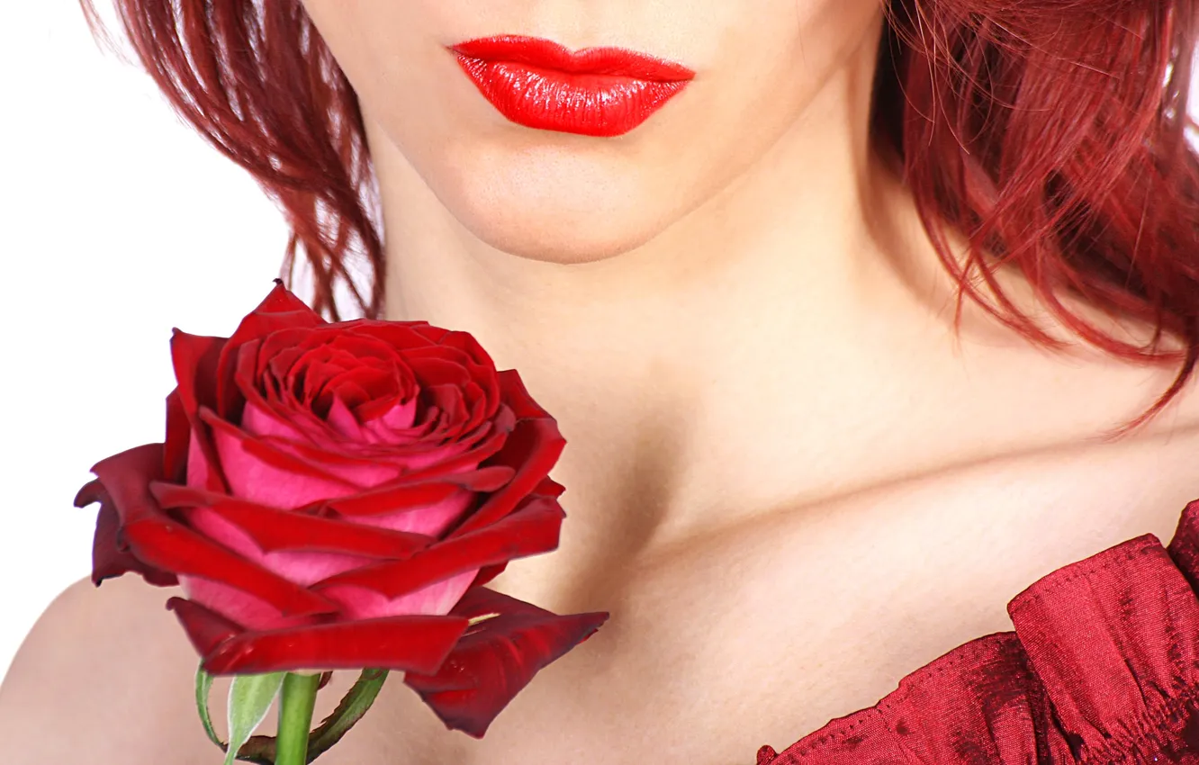 Фото обои цветок, лицо, роза, помада, губы