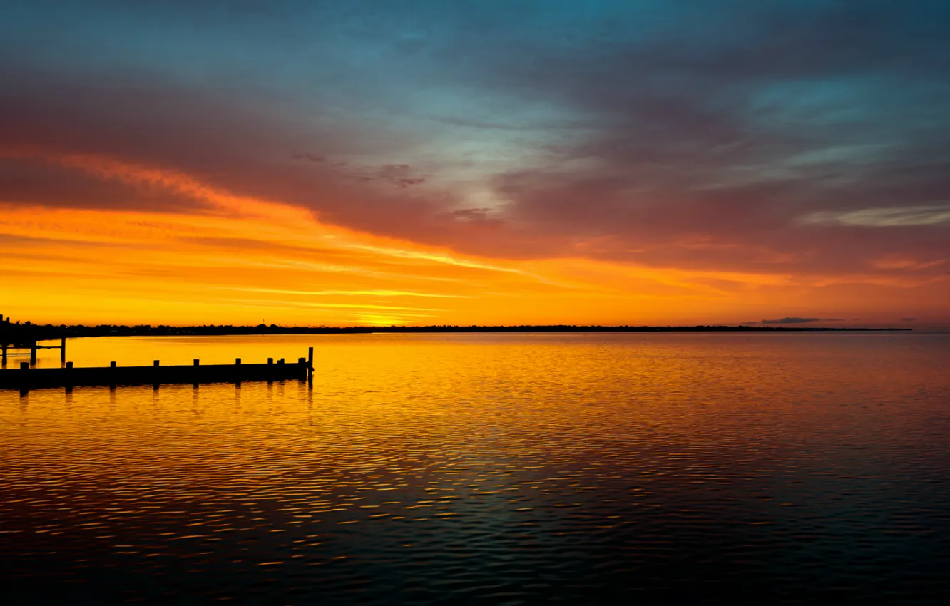 Фото обои рассвет, утро, Озеро, мостик