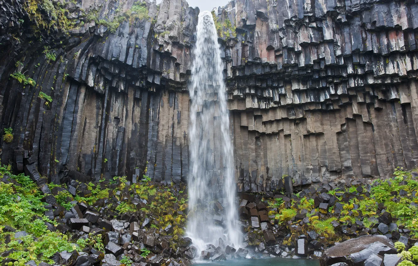 Фото обои природа, скала, водопад, мох, ростения