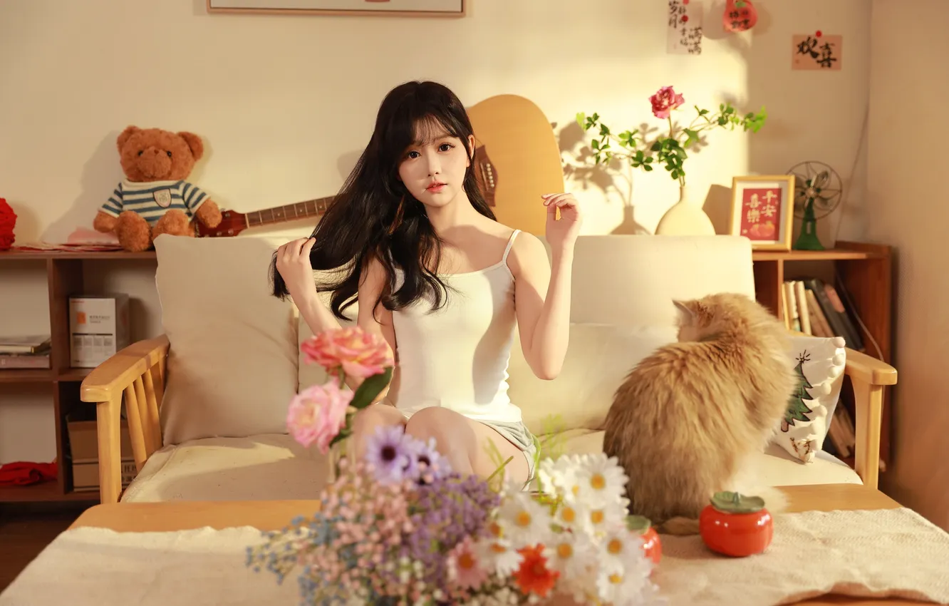 Фото обои Beautiful, Asian, Model, Flowers, Guitar, Cat, Woman, Bouquet