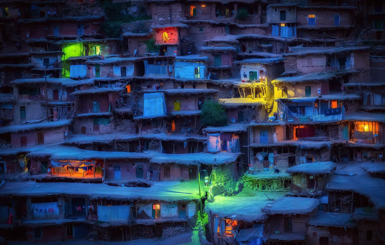 Фото обои ночь, огни, вечер, деревня, домики, Иран, трущобы, Sar Aqa Seyyed