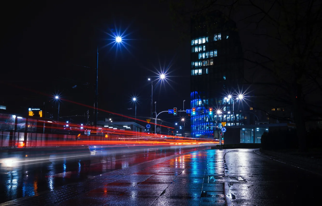 Фото обои дорога, ночь, city, город, здания, road, night, buildings
