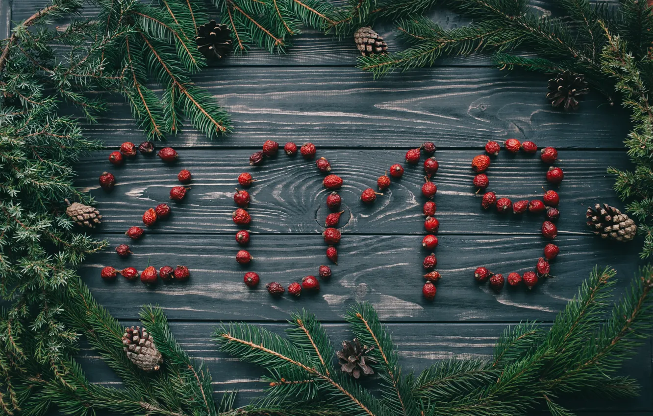 Фото обои ягоды, фон, елка, Новый Год, Рождество, Christmas, wood, New Year