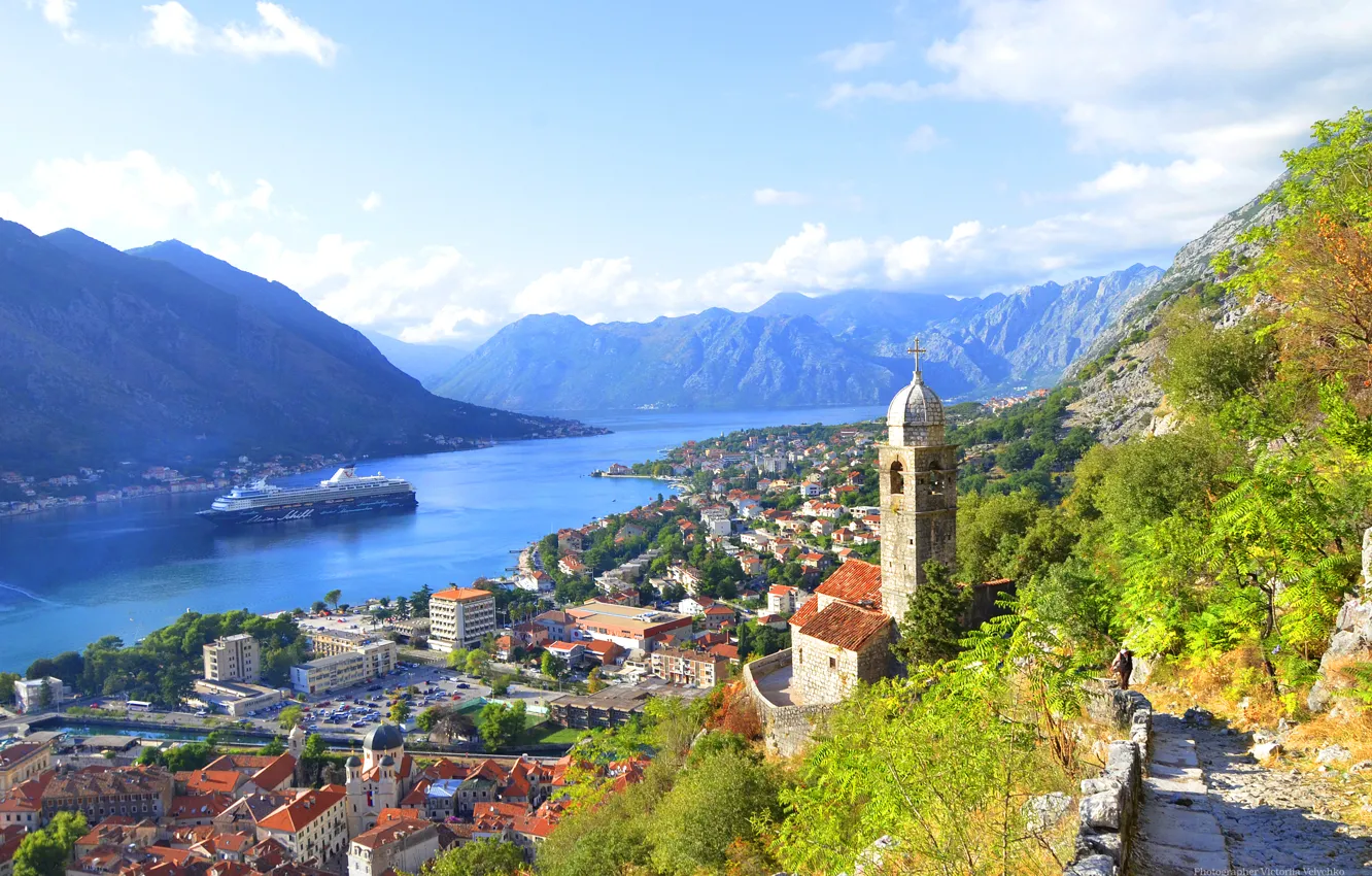 Фото обои пейзаж, город, стена, дома, залив, черногория, montenegro, котор