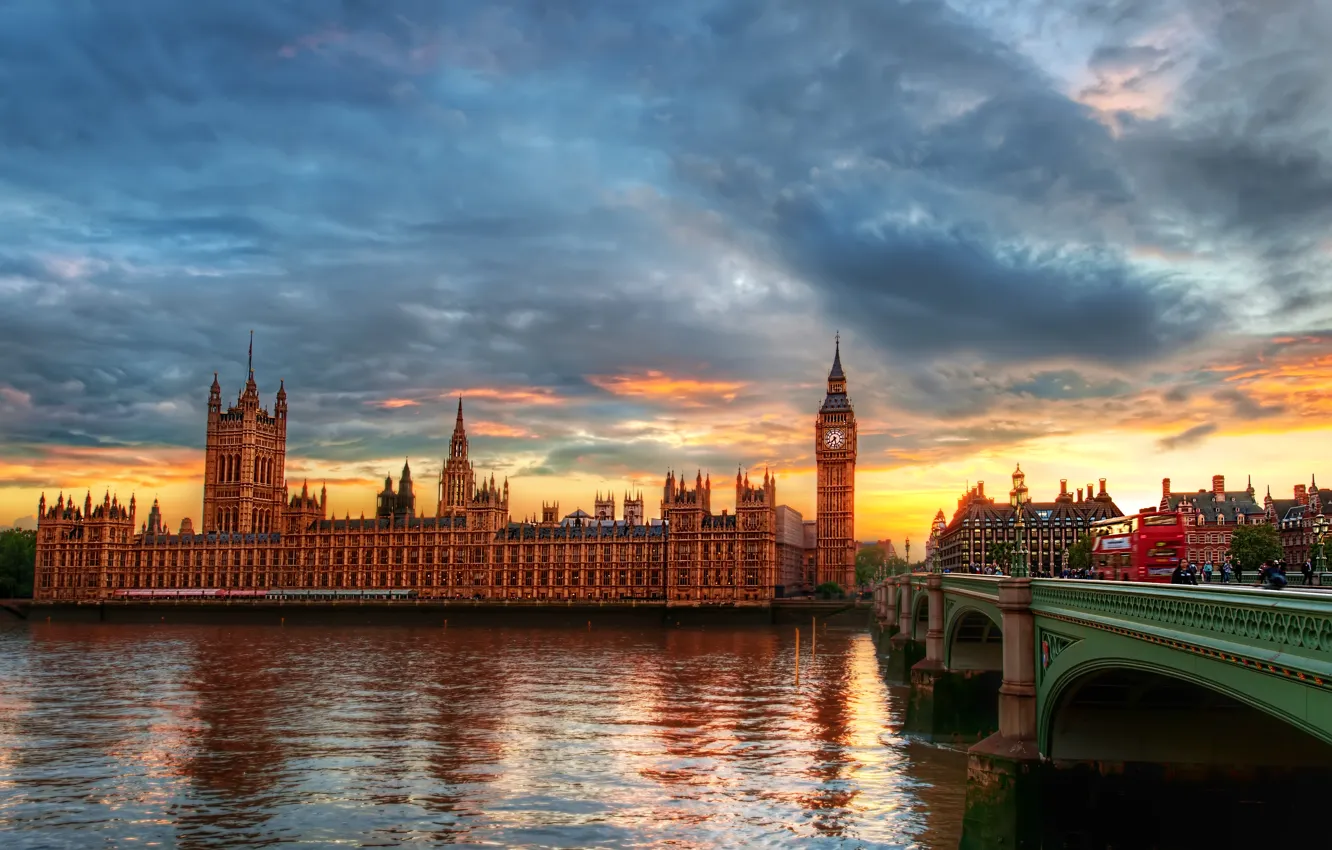 Фото обои город, река, Лондон, темза, башня с часами, Вестминстерский дворец