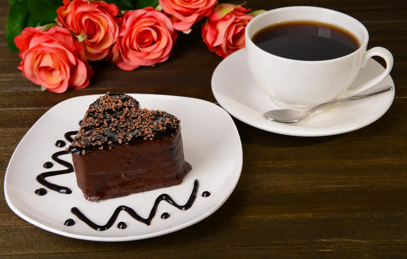 Фото обои кофе, шоколад, розы, пирожное, cake, chocolate, coffee, roses